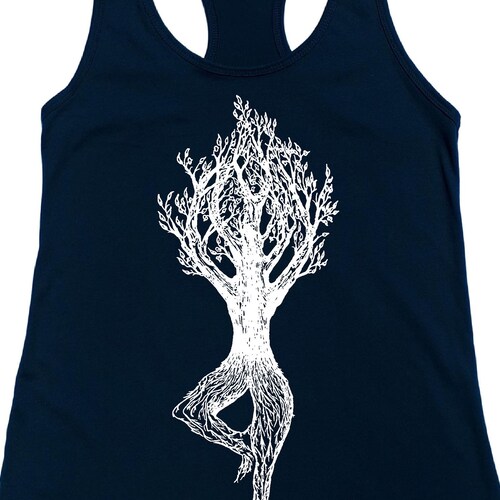 Yoga Tank Tops for Women - Yoga Exercise - Blue Top - Yoga Tree Pose - Beach Tank Tops - Racerback Tank Top - Graphic Yoga Tanks