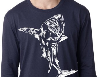 Long Sleeve T Shirt for Men - Lightweight - Screen Printed Shark with a Tattoo S M L XL 2XL Blue Cotton Tee