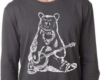 Long Sleeve Shirt for Men Lightweight Screen Printed Banjo Grizzly Bear T-Shirt Forest Animal S M L XL 2XL Dark Gray Tee