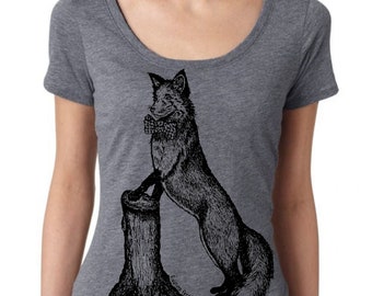 Womans Scoop Neck Shirt - Fox with a Bowtie Tshirt - Animal Shirt - Funny Graphic TShirts - Gift for Wife - Gray Triblend Tee
