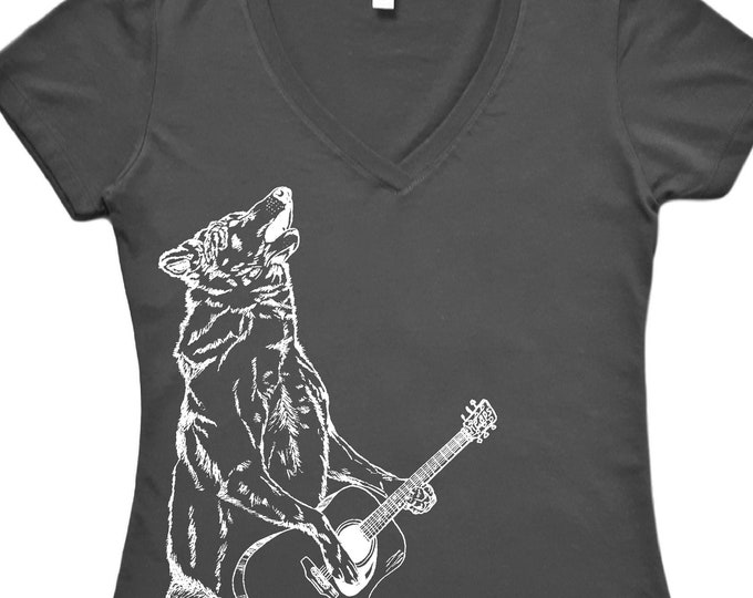 Guitarist Tshirts for Women - Wolf Tshirt - Womens V Neck T Shirts - Wolf with guitar - Graphic Tshirt - Funny Tshirt for Women S M L XL 2XL