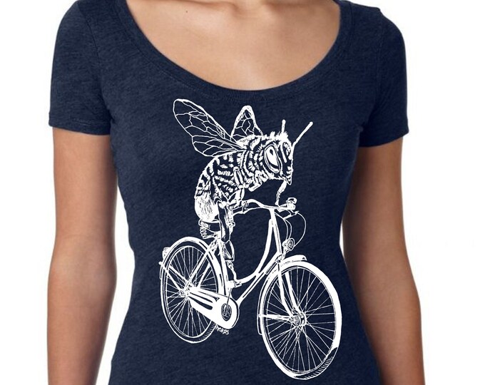 Womans Scoop Neck TShirt - Bee on a Bike T Shirt - Bicycle Tshirt - Funny Graphic TShirts - Gift for Wife - Navy Triblend Tshirt