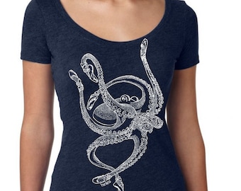 Tshirt Women - Hippie Clothes - Scoop Neck - Ballet Octopus - Funny Graphic TShirts - Gift for Wife - Navy Triblend Tshirt - Ballet Shirt