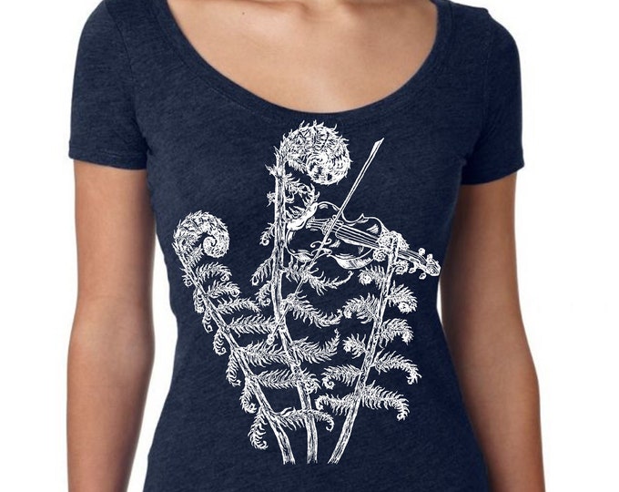 Womans Scoop Neck Shirt - Fern Plant TShirt - Violin Tshirt - Funny Graphic TShirts - Gift for Wife - Navy Triblend Tees