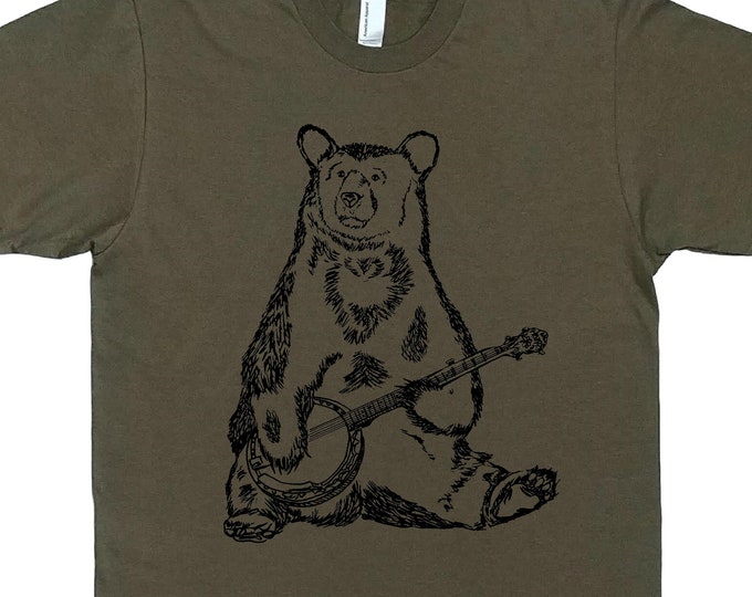 Tshirts Men - Banjo Bear Tee Shirt - Boyfriend Tshirt - Bear Tshirt Man - Mens Funny TShirts Man Gift Printed Tee Green Funny
