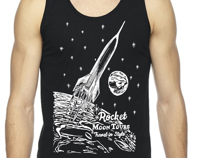 Mens Tank Top Sci Fi Space Rocket Moon Stars Shirt Summer Beach Muscle Workout Exercise Black Top