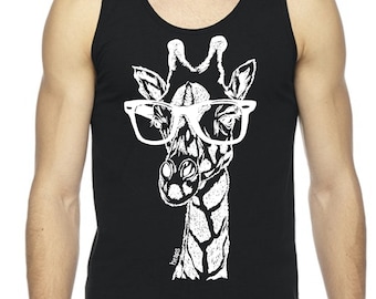 Mens Tank Top Giraffe with Glasses Summer Beach Sleeveless Muscle Workout Exercise Black Shirt