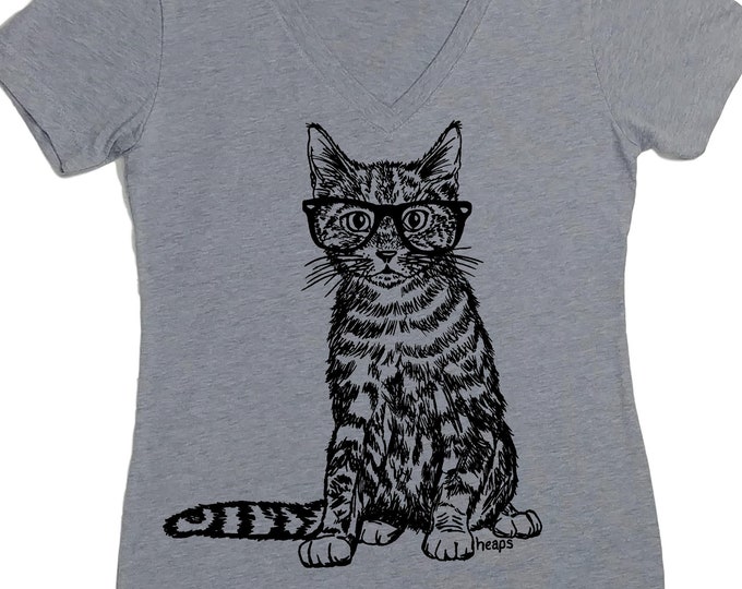 Womens V Neck T Shirts - Womens T shirt - Cat T Shirt - Womens Cat Tee - Funny TShirts - Animal Tshirts - Gift for Women - Funny Womens Tee