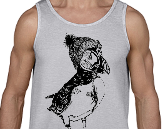 Mens Graphic Tanks - Puffin Tank Tops for Men - Funny Tank Tops - Mens Graphic Tee - Gray - Workout Clothing for Him - Screen Printed Tees