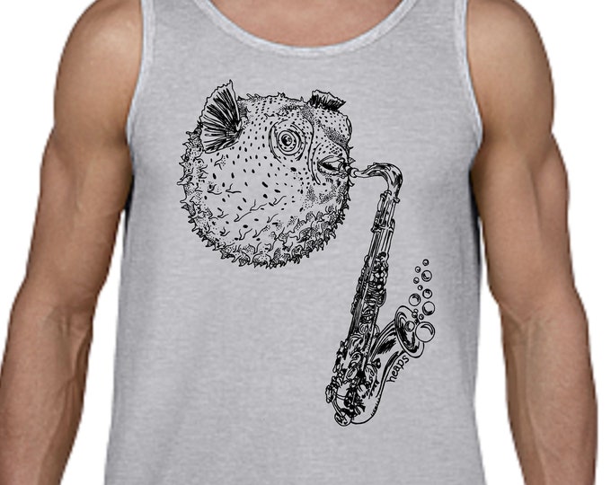 Mens Graphic Tanks - Tank Tops for Men - Funny Tank Tops - Musican Tank Top - Mens Graphic Tee - Blow Fish - Gray - Workout Clothing for Him