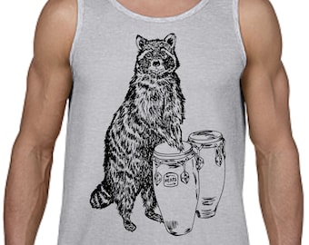 Mens Tank Top Conga Playing Raccoon - Drummer Tshirt - Funny Animal Shirt - Exercise Tank Tops - Tank Top Workout - Muscle Shirt for Men