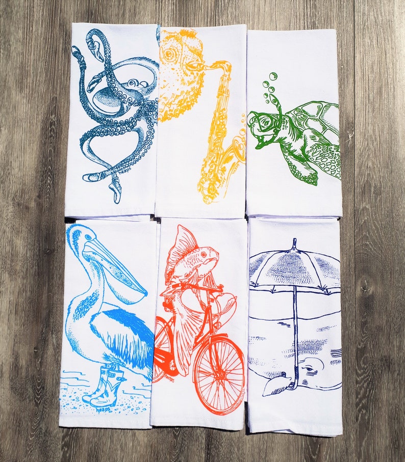 Screen Printed Images Cotton Nautical Theme Cloth Dinner Napkins Set of 6 Washable Reusable Napkins Fun Gift Dinner Place Setting