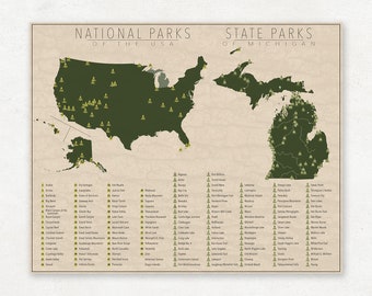 NATIONAL and STATE PARK Map of Michigan and the United States, Fine Art Photographic Print for the home decor.