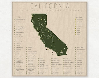 CALIFORNIA PARKS, National and State Park Map, Fine Art Photographic Print for the home decor.