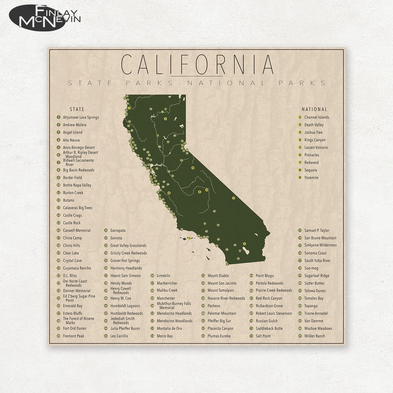 CALIFORNIA PARKS, National and State Park Map, Fine Art Photographic Print for the home decor. image 1