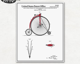 HIGH WHEEL BICYCLE Patent, Vintage Fine Art Print Poster, Colour, Blueprint, or Black and White