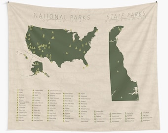 Delaware State & US National Parks Map Tapestry - Wall Art Decor