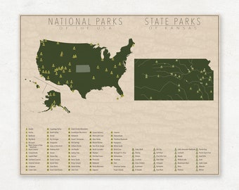 NATIONAL and STATE PARK Map of Kansas and the United States, Fine Art Photographic Print for the home decor.