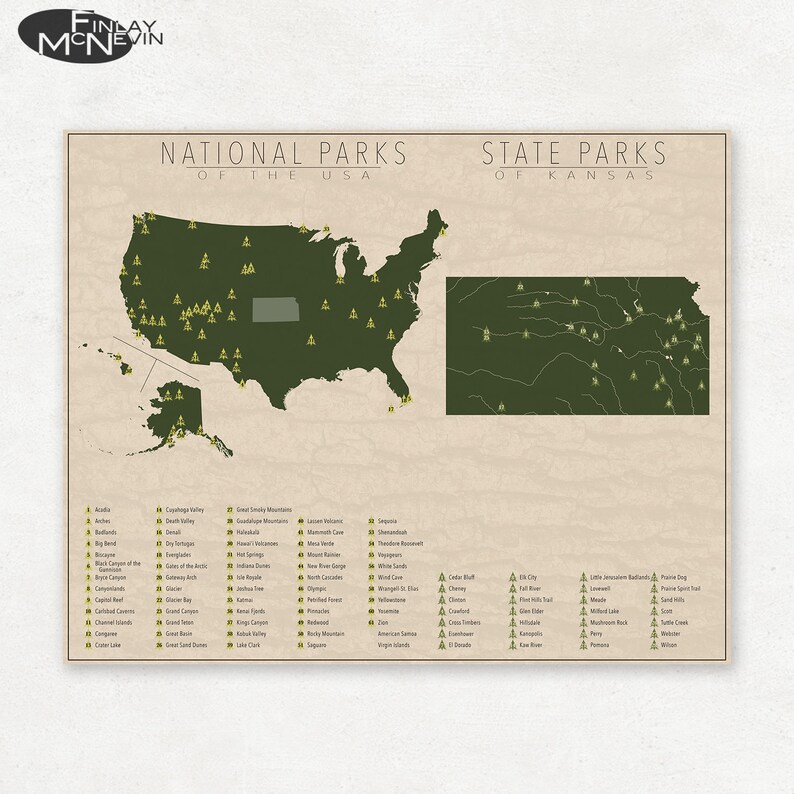 NATIONAL and STATE PARK Map of Kansas and the United States, Fine Art Photographic Print for the home decor. image 1