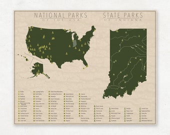 NATIONAL and STATE PARK Map of Indiana and the United States, Fine Art Photographic Print for the home decor.