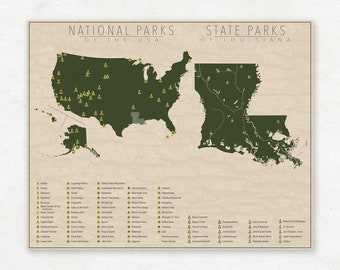 NATIONAL and STATE PARK Map of Louisiana and the United States, Fine Art Photographic Print for the home decor.