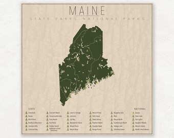 MAINE PARKS, National and State Park Map, Fine Art Photographic Print for the home decor.