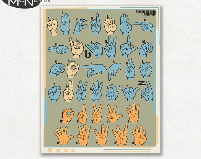 AMERICAN SIGN LANGUAGE, Educational Language Chart, Science and Education Poster
