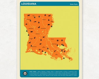 LOUISIANA PARKS - Orange Version, State Park Map, Fine Art Photographic Print for the home decor.
