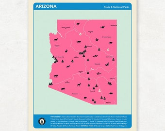 ARIZONA PARKS - Pink Version, National and State Park Map, Fine Art Photographic Print for the home decor.