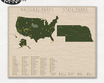 NATIONAL and STATE PARK Map of Nebraska and the United States, Fine Art Photographic Print for the home decor.