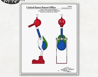 DRINKING BIRD PATENT, Vintage Fine Art Print Poster, Colour, Blueprint, or Black and White