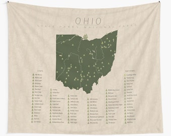 TAPISSERIE DES PARCS DE L'OHIO, carte des parcs nationaux et d'État, tapisserie murale pour la décoration intérieure.