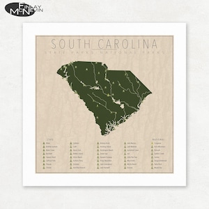 May include: A map of South Carolina with green state parks and yellow national parks marked on the outline of the state. The map includes a list of state parks and national parks in South Carolina.