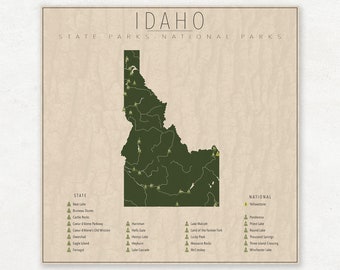 IDAHO PARKS, National and State Park Map, Fine Art Photographic Print for the home decor.