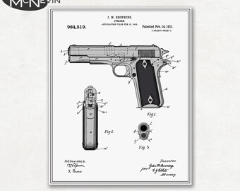 HANDGUN Patent, Vintage Fine Art Print Poster, Colour, Blueprint, or Black and White