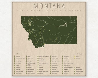 MONTANA PARKS, National and State Park Map, Fine Art Photographic Print for the home decor.