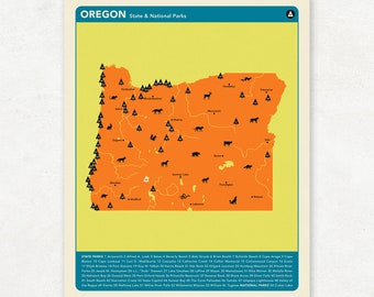 OREGON PARKS - Orange Version, National and State Park Map, Fine Art Photographic Print for the home decor.