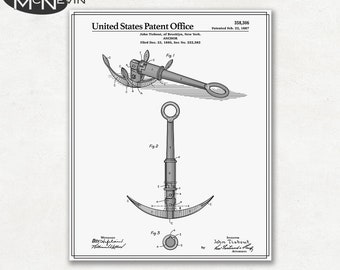 ANCHOR PATENT, Vintage Nautical Fine Art Print Poster, Colour, Blueprint, or Black and White