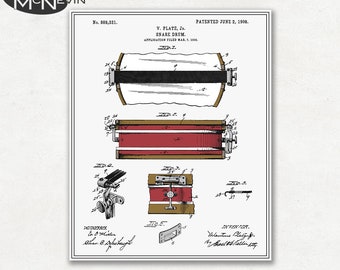 SNARE DRUM Patent, Vintage Fine Art Print Poster, Colour, Blueprint, or Black and White