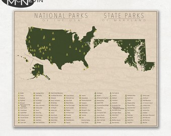 NATIONAL and STATE PARK Map of Maryland and the United States, Fine Art Photographic Print for the home decor.