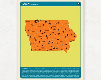 IOWA PARKS - Orange Version, State Park Map, Fine Art Photographic Print for the home decor.