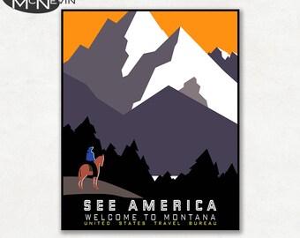 SEE AMERICA - Montana, Vintage 1930's WPA Poster Reproduction, United States Travel Poster