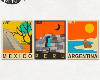 TRAVEL POSTER 3-Pack - Mexico, Peru and Argentina, North and South America Travel Posters