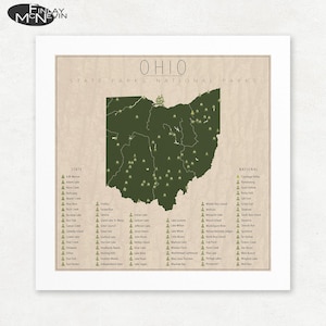 May include: A map of Ohio with green state parks and yellow national parks marked with a camping icon. The map is on a beige background with the words "Ohio State Parks National Parks" at the top. The map includes a list of state parks and national parks on the left and right sides of the map.