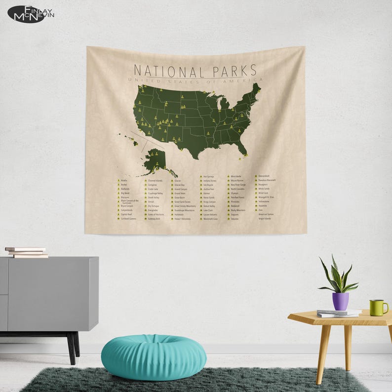 U.S. National Parks Map Tapestry with State Borders - Vintage Wall Art Decor image 2