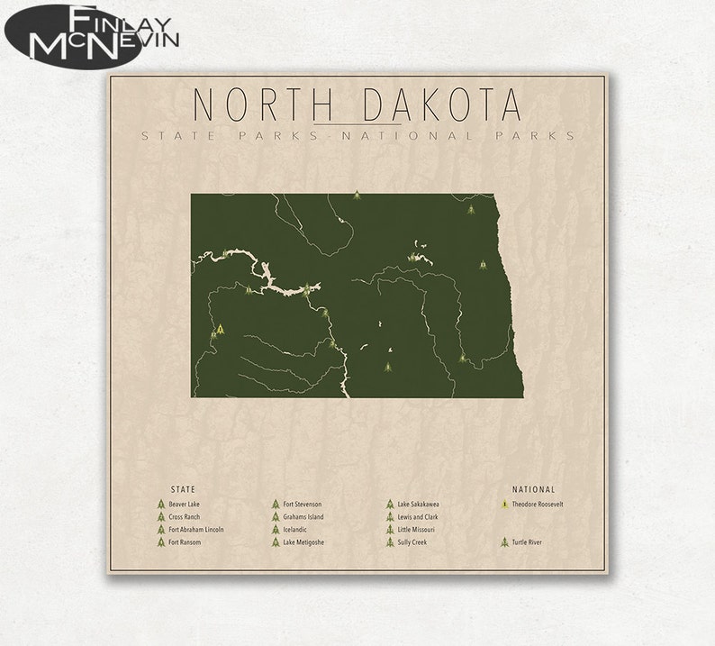 NORTH DAKOTA PARKS, National and State Park Map, Fine Art Photographic Print for the home decor. image 1