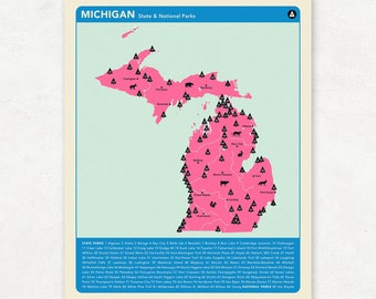 MICHIGAN PARKS - Pink Version, National and State Park Map, Fine Art Photographic Print for the home decor.