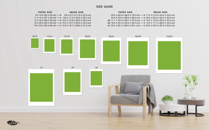 May include: A size guide for prints, showing different paper and image sizes in inches and centimeters. The guide includes sizes from 8x10 inches to 24x32 inches. The image shows a living room with a chair and a side table.