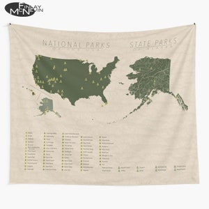 Alaska & US National Parks Map Tapestry - State Park Wall Art