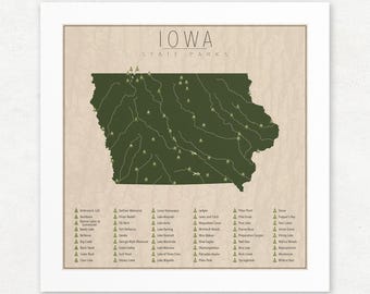 Iowa State Parks Map, Giclée Print, Vintage Wall Art, Unframed, Nature Lover Gift